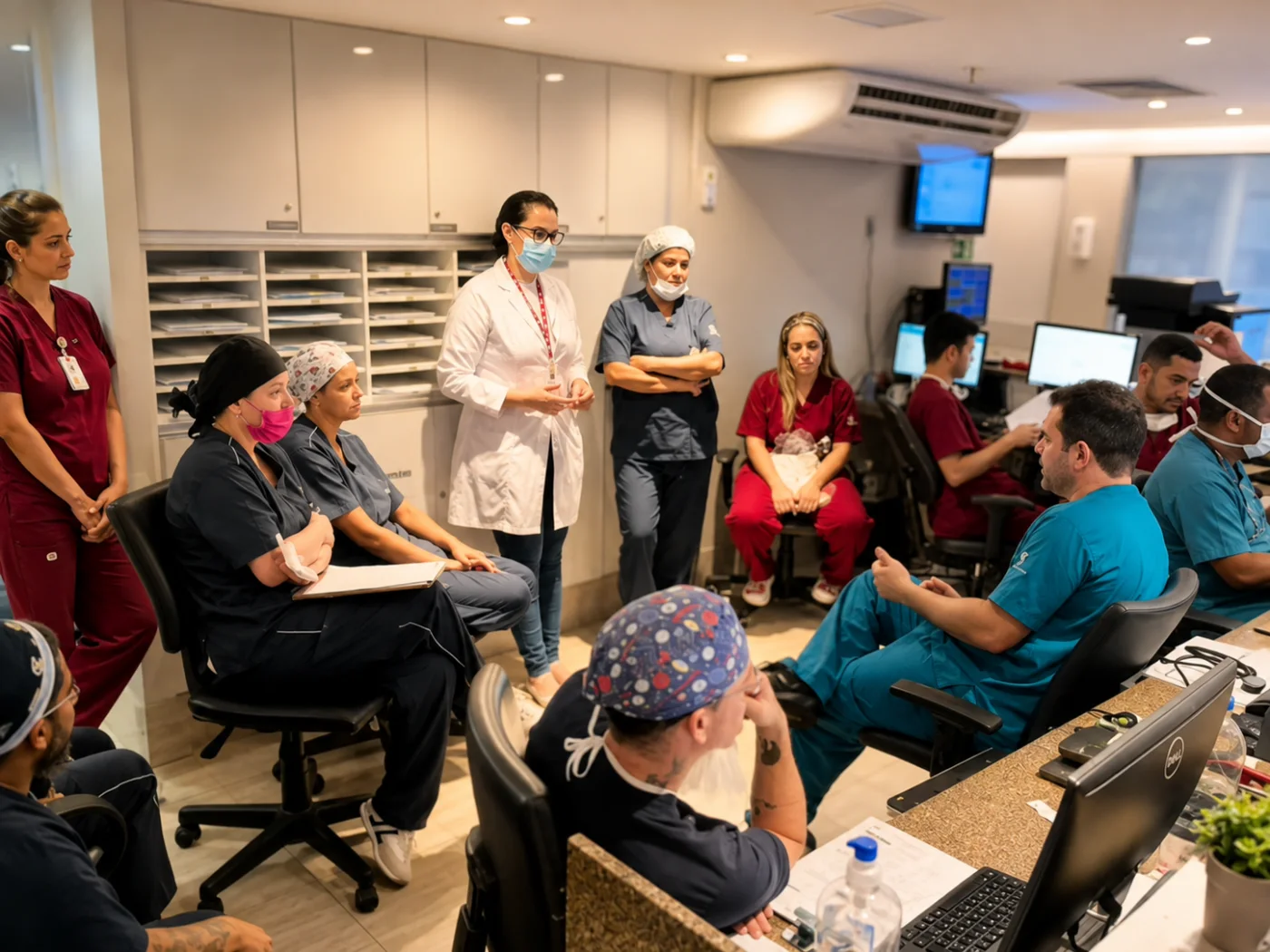 Discussão multiprofissional em ambiente hospitalar: médicos e equipe assistencial reunidos para discutir casos